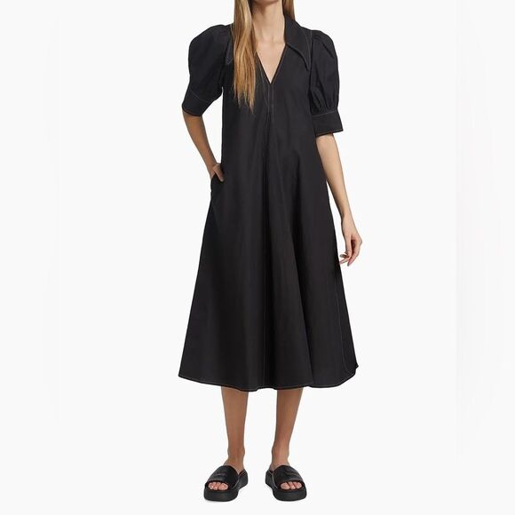 Ganni Cotton Poplin V-Neck Midi Dress, Size Medium - Picture 2 of 7